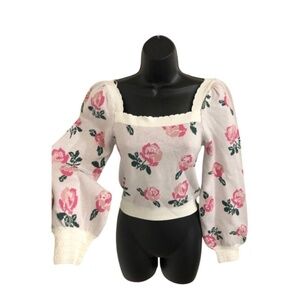 Pink rose flowers‎ scallop neckline cuffed sleeves floral white sweater size XS